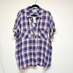 William Rast Plaid Lydia pullover short sleeve top, red white blue 3X